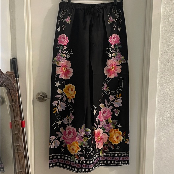 NWT Johnny Was JADE Small black Floral Frankie Kasumi silk blend Wide-Leg Pants - Picture 1 of 13